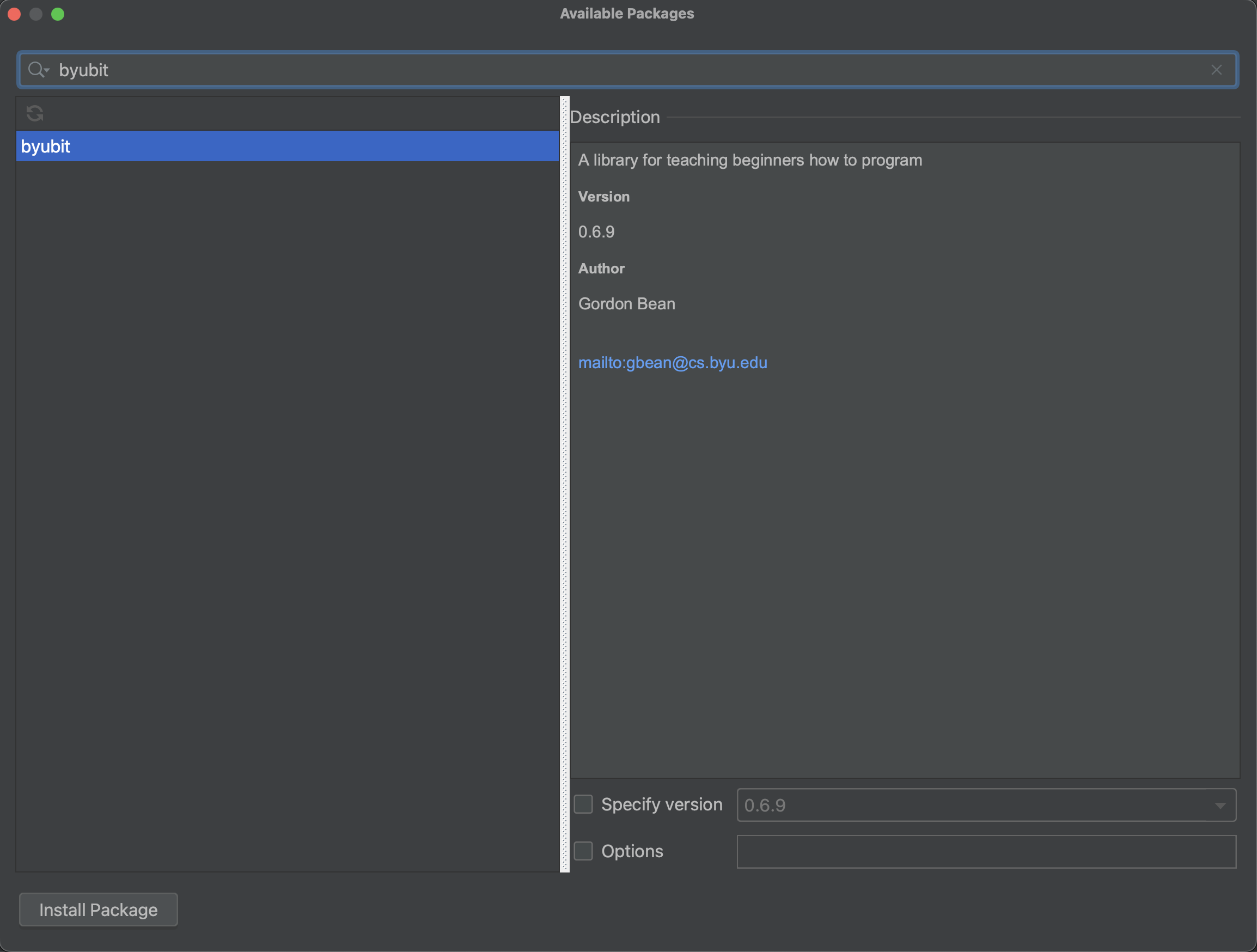 pycharm settings, installing byubit