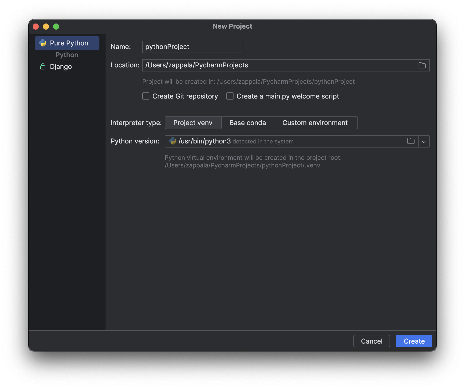 PyCharm new project screen