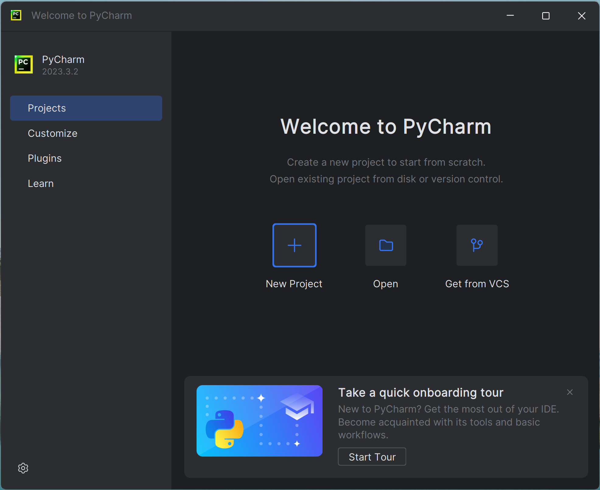 PyCharm welcome screen