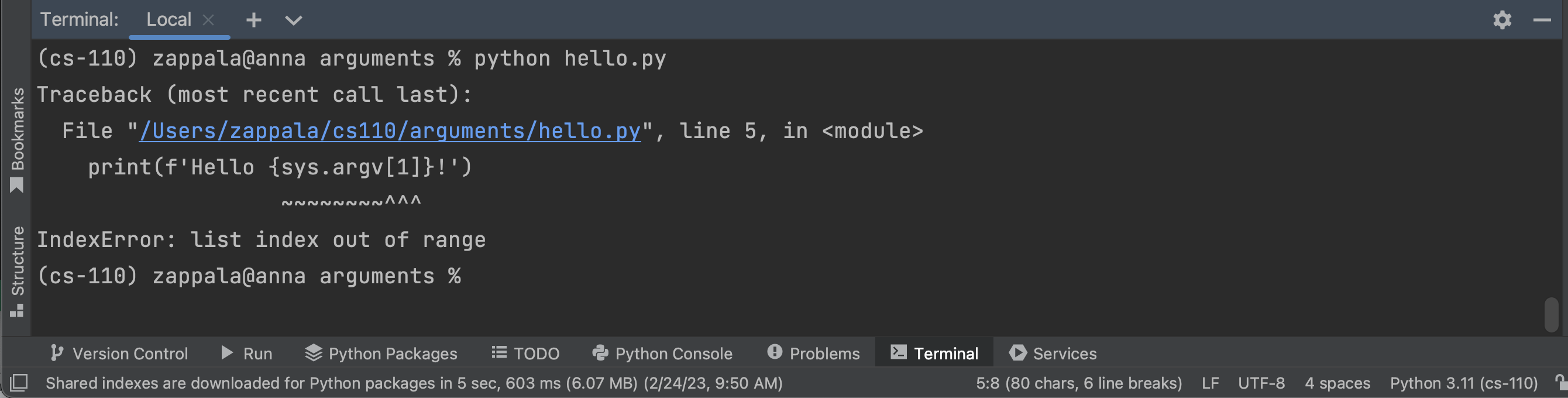 python hello.py causes an error