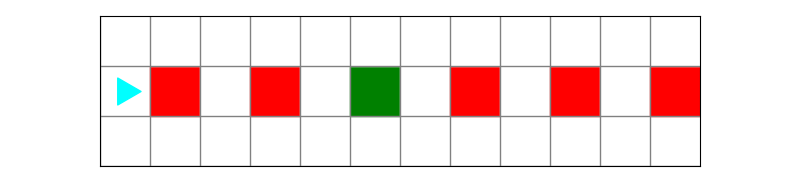 a world with some red squares and a green square
